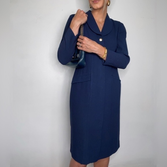 VINTAGE | 80s Lapel Hidden Button Long Sleeve Navy Dress Overcoat Duster Jacket - Picture 1 of 7